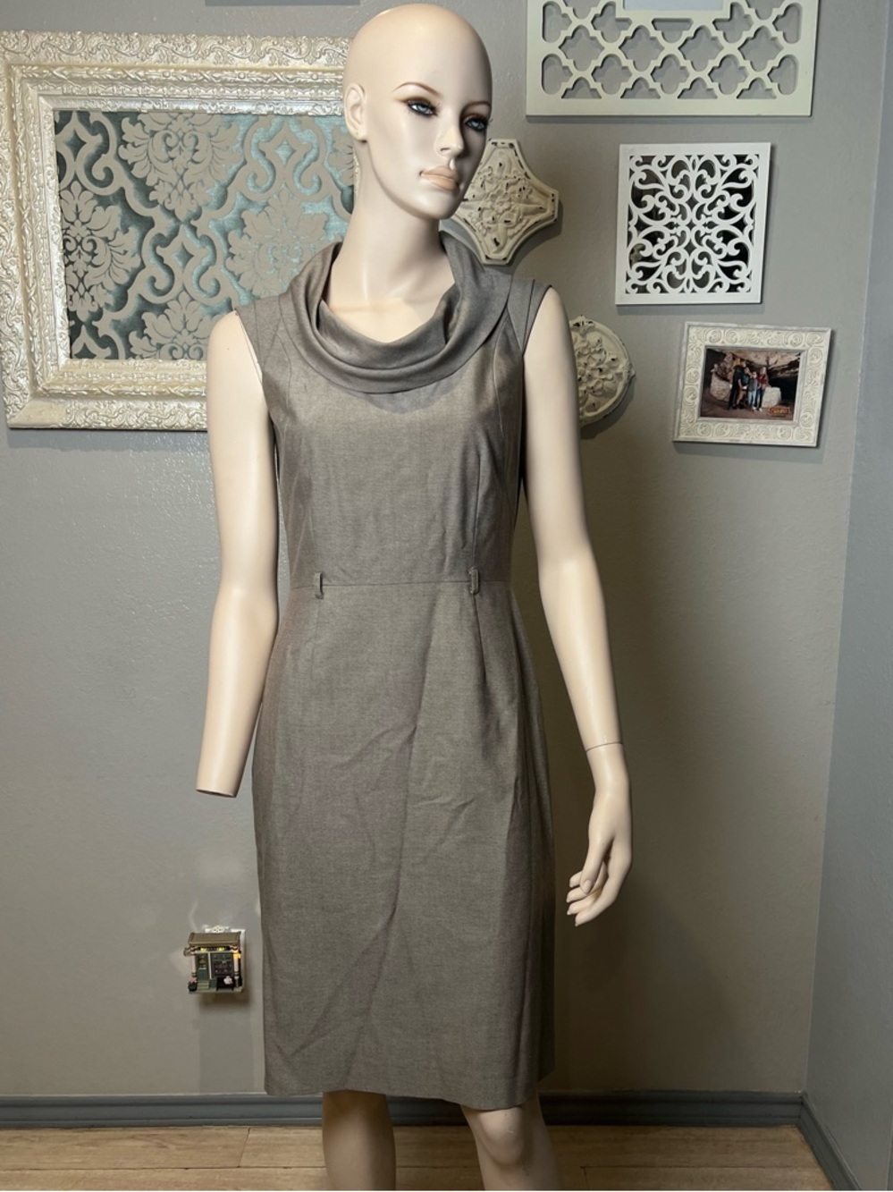 ANTONIO MELANI Sleeveless Cowl Neck Sheath Dress in Taupe